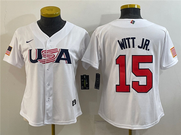 Women's USA Baseball #15 Bobby Witt Jr. 2023 White World Baseball Classic Stitched Jersey(Run Small)